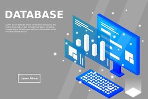 análisis de datos en diseño vectorial isométrico. técnico en el fondo de la sala del centro de datos o del centro de datos. diseño de sitio web de infraestructura de mainframe de red vector