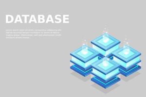 sala de servidores isométrica, datos de almacenamiento en la nube, centro de datos, procesamiento de big data y tecnología informática vector