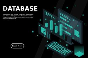 Data analysis in isometric vector design. Technician in datacenter or data center room background. Network mainframe infrastructure website layout