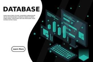 Data analysis in isometric vector design. Technician in datacenter or data center room background. Network mainframe infrastructure website layout