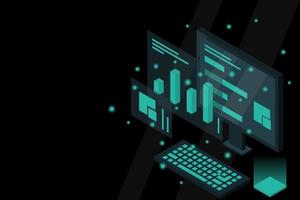 Data analysis in isometric vector design. Technician in datacenter or data center room background. Network mainframe infrastructure website layout