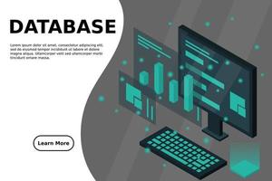 análisis de datos en diseño vectorial isométrico. técnico en el fondo de la sala del centro de datos o del centro de datos. diseño de sitio web de infraestructura de mainframe de red vector