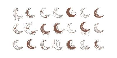 and symbols. Boho crescent and stars logo design Line art vector illustration. Minimalist geometric various design elements