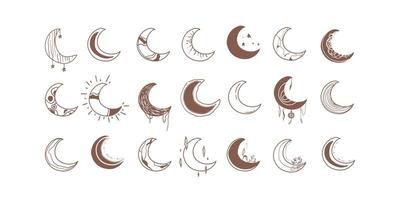 and symbols. Boho crescent and stars logo design Line art vector illustration. Minimalist geometric various design elements