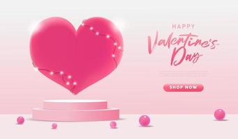 Valentine's day minimal scene on pink pastel background with cylinder podium and big sweet heart. Stage mockup showcase for product, sale, presentation, cosmetic and discount. 3d vector illustration