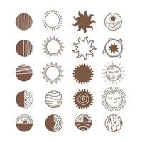 Collection of sun hand drawn. Bohemian linear logos, icons and symbols. Boho sunrise logo design Line art vector illustration. Minimalist geometric various design elements