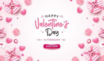 Happy Valentine's Day banner or background with 3D realistic pink heart, gift box, bubble speech on pastel. Romantic greeting card design with lovely elements vector