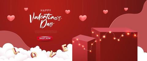 Modern Valentine's day minimal scene on red background with cylinder podium and realistic heart hanging, paper clouds and text. Stage mockup showcase for product, sale, presentation, cosmetic vector. vector