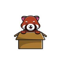 Lindo panda rojo jugando en la ilustración de icono de vector de dibujos animados de caja.