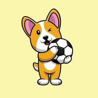 Cute Corgi Dog Holding Soccer Ball Cartoon Vector Icon Illustration.