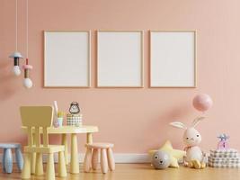 Mock up posters in child room interior, posters on empty pink color wall background. photo