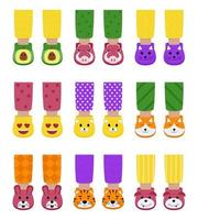 Set of children pajama slippers. Children feet in funny slippers. Pajama party. vector