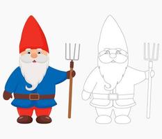 Cute garden gnome with a hayfork in his hands. Gnome in color and outline. vector