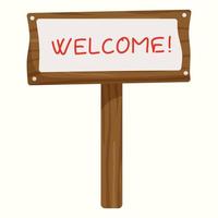Welcome wooden sign on white background. Flat vector illustration