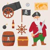 paquete pirata conjunto aislado sobre fondo blanco. paquete pirata, mapa del tesoro, ron, rueda de barco, ancla, barril, bomba vector