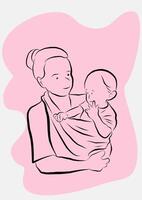 A mother holding her child. Hand drawn in thin line style, vector illustration.