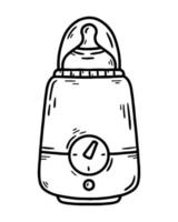 Baby bottle sterilizer and warmer for women's milk during lactation and breastfeeding, vector sketch doodle icon. Maternity and special devices