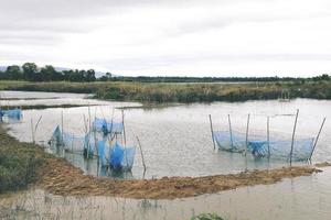 Rural wetlands and fisherman's fishing equipment, rural scene. photo