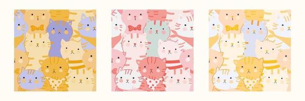 Seamless pattern with cats. Cute multi-colored kitten. Hand draw vector illustration