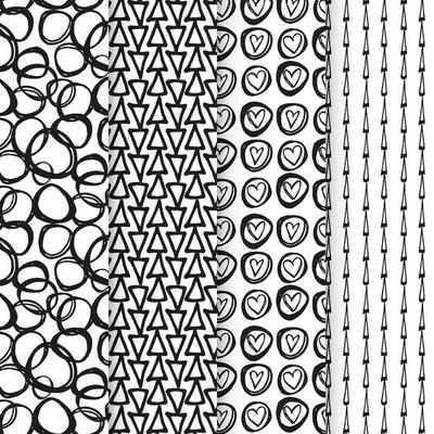 Black and white seamless patterns with ink brush and marker. Hand drawn doodle shapes, marks and lines. Vector