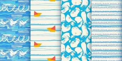 Waves blue seamless pattern with brush stroke and marker. Hand drawn doodle shapes, marks and lines. Vector