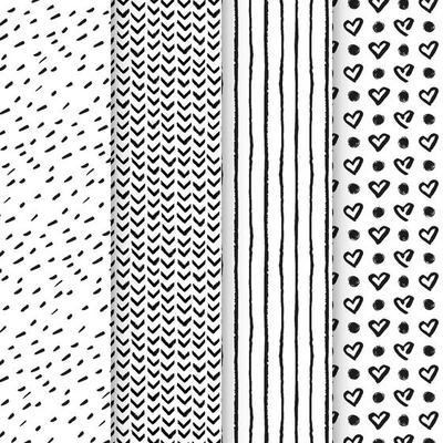 Black and white seamless patterns with ink brush and marker. Hand drawn doodle shapes, marks and lines. Vector