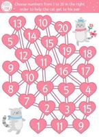 Saint Valentine day counting maze for children. Holiday preschool printable educational activity. Funny math game with cute cats couple and love theme. Choose numbers from 1 to 20 in the right order vector