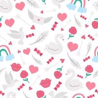 Vector seamless pattern with Saint Valentine day symbols. Repeating background with cute letter, rose, hearts, feathers, dove, swan. Playful February holiday texture with love concept