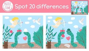Saint Valentine day find differences game for children. Holiday educational activity with caterpillars in the garden. Printable worksheet with cute characters. Puzzle for kids with love theme vector