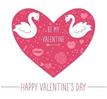 Valentine day greeting card template with cute swans, flowers, lips. Love holiday poster or invitation for kids in heart shape. Bright pink frame illustration with traditional symbols. vector