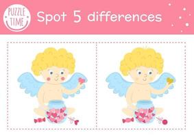 Saint Valentine day find differences game for children. Holiday educational activity with funny cupid and jar with hearts. Printable worksheet with cute character. Puzzle for kids with love theme vector