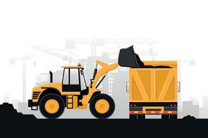 Background of heavy machinery in construction work with front loader and truck with rear view on gray background vector