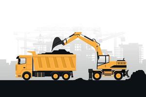 Background of heavy machinery of wheeled excavator filling with construction materials a truck on gray background vector