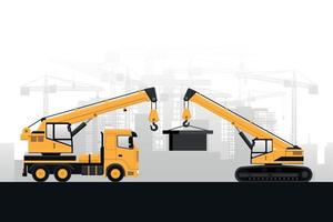 Heavy machinery of crane truck and telescopic crane holding an iron block in a construction with buildings on gray background vector