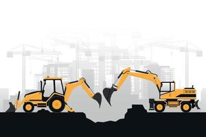 Heavy machinery of backhoe and excavator on wheels with gray background of buildings under construction vector