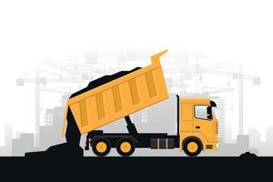 Heavy machinery background with trucks unloading materials for construction work vector