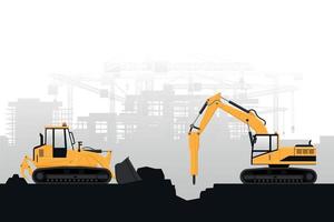 Background with construction work and heavy machinery of crawler loader and hammer excavator with gray background vector