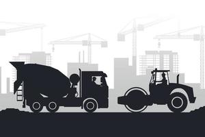 heavy machinery silhouette background with concrete mixer truck and soil compactor in a city under construction vector