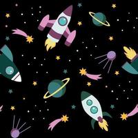 Vector seamless repeating color simple flat pattern with different rockets stars