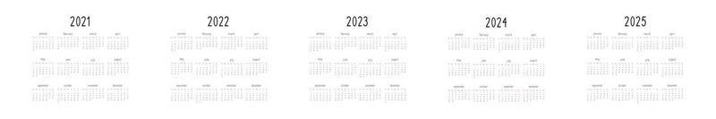 set of calendar 2021 2022 2023 2024 2025 in minimalist black and white style. Week starts on sunday vector