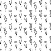simple seamless pattern with tulip flower botanical floral hand drawn lineart elements, monochrome black and white vector