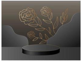 Abstract 3d podium with geometric forms. Black scene, background, golden flowers. Product presentation, mockup. Vector illustration.