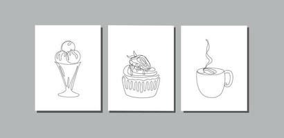 Food sketch wall art posters. cup coffee, cupcake, ice cream drawn by one line. For interior. Vector illustration in minimal style.