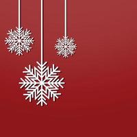 Christmas greeting banner on red background. Composition of three hanging snowflakes. For poster, card, flyer, coupon, discount. Empty. Space for text. Vector illustration.