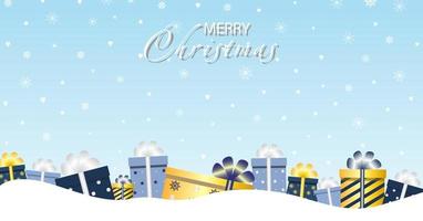 Stock vector illustration of a horizontal holiday banner with gift boxes in the snow. For poster, card, cover.