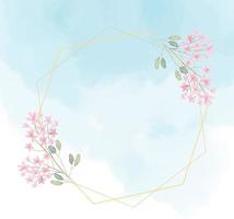 pink flower wreath with golden frame on blue watercolor splash background for spring season digital painting vector