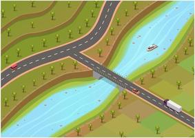 Entorno isométrico con ríos y carreteras. vector