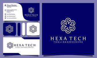 Ilustración de vector de diseño de logotipos de tecnología hexagonal con estilo de arte de línea vintage, plantilla de tarjeta de visita de empresa moderna