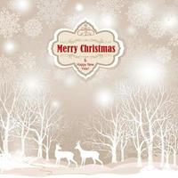 paisaje de invierno de nieve con dos ciervos. Fondo de tarjeta de felicitación de vacaciones de Navidad feliz con bosque de invierno cubierto de nieve. papel tapiz navideño con espacio de copia. vector