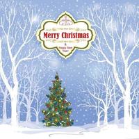 paisaje de invierno de nieve con árbol de navidad decorado. Fondo de tarjeta de felicitación de vacaciones de Navidad feliz con bosque de invierno cubierto de nieve. papel tapiz navideño con espacio de copia.
